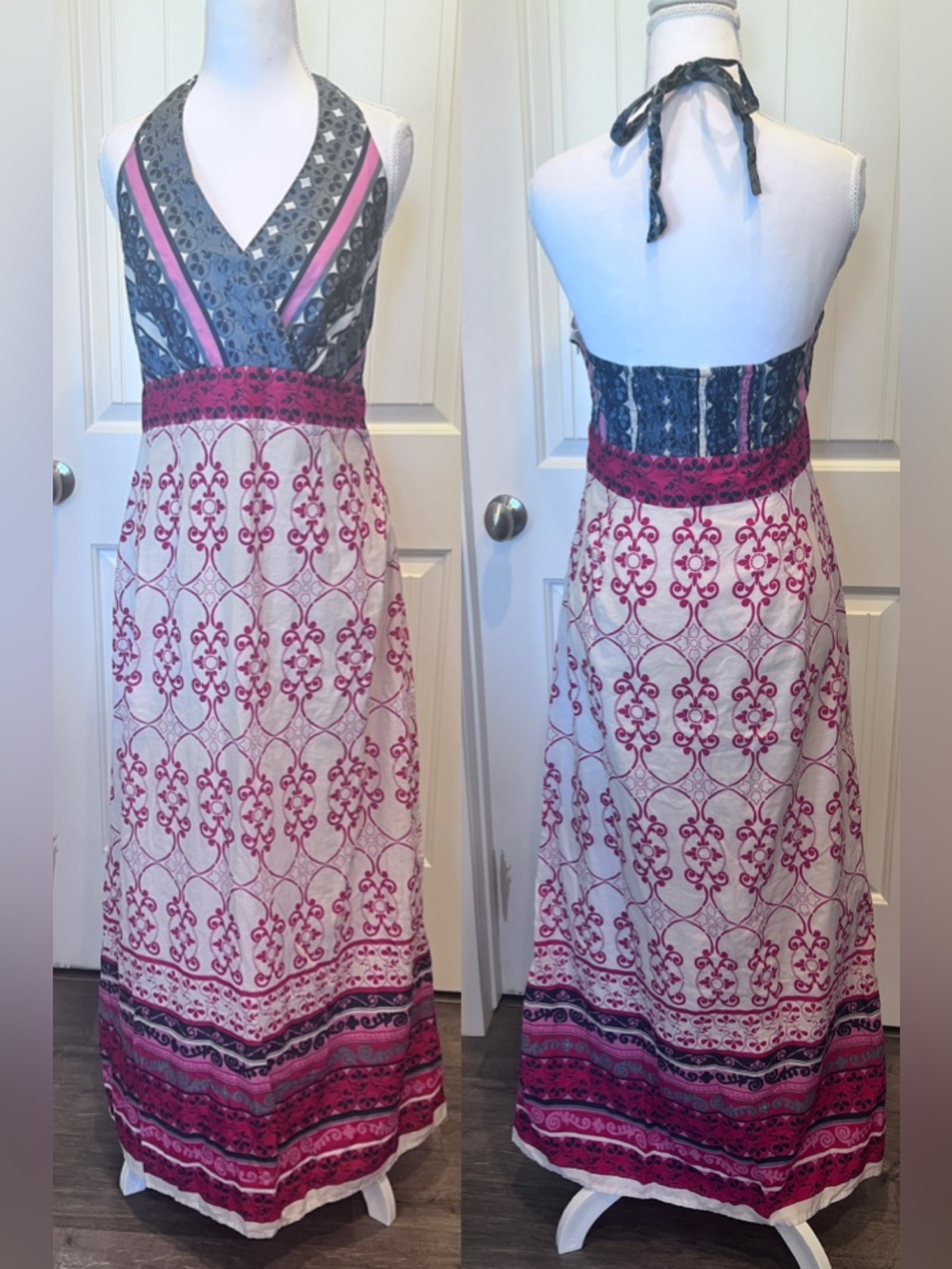 Style&Co Boho Halter Maxi Dress Red Beige Blue Cotton Neck Tie Side Zip Sz 10P